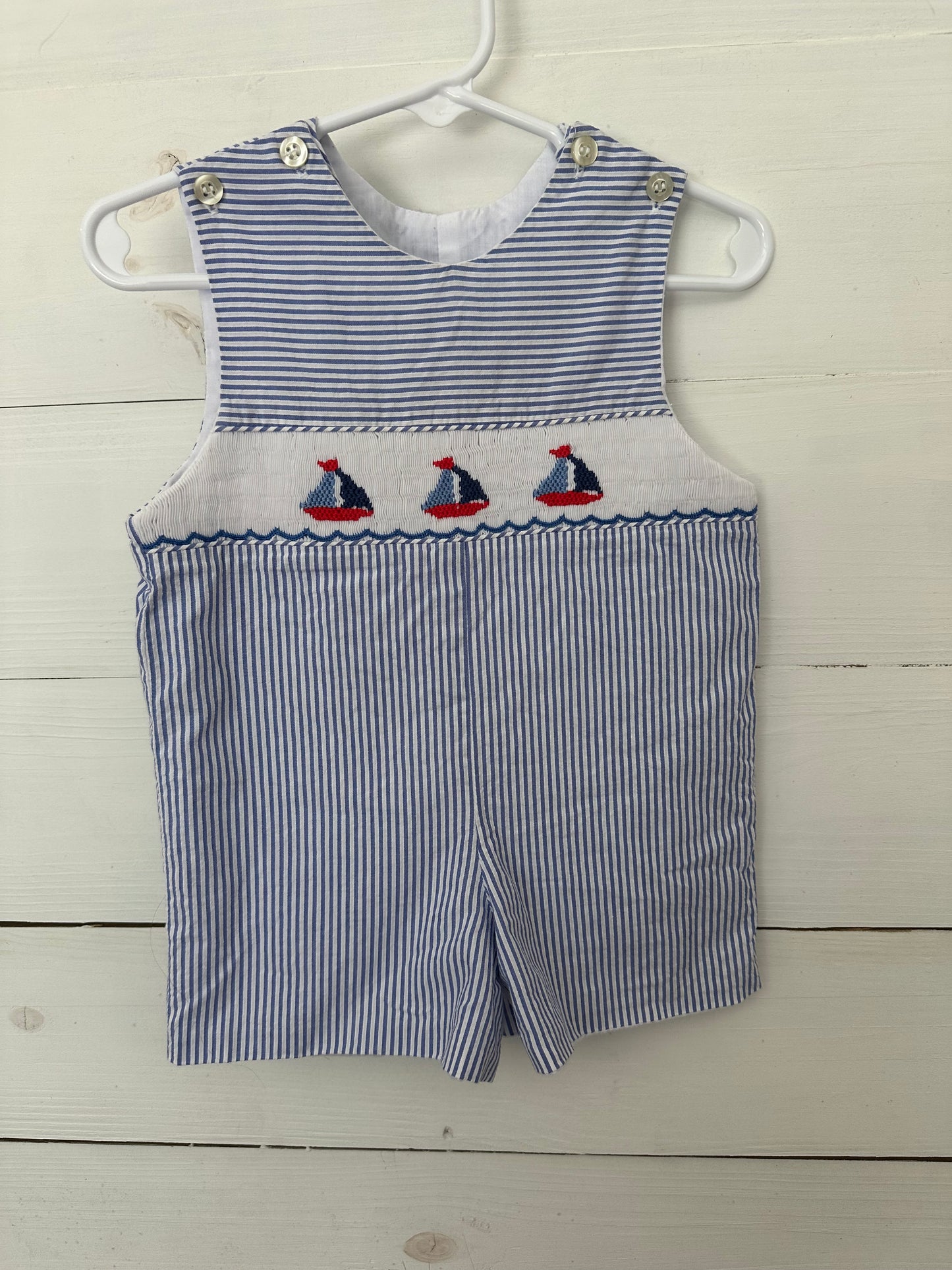 Little Threads Blue Striped Jon Jon with Smocked Sailboats