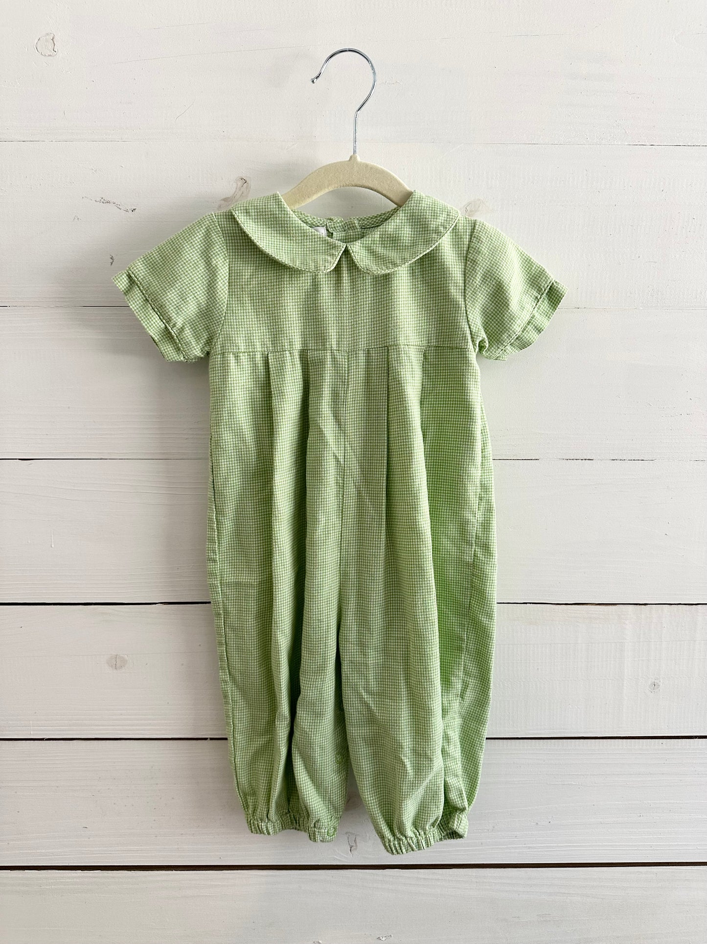 Petit Ami Green Mini Hounds tooth Peter Pan Collared Romper