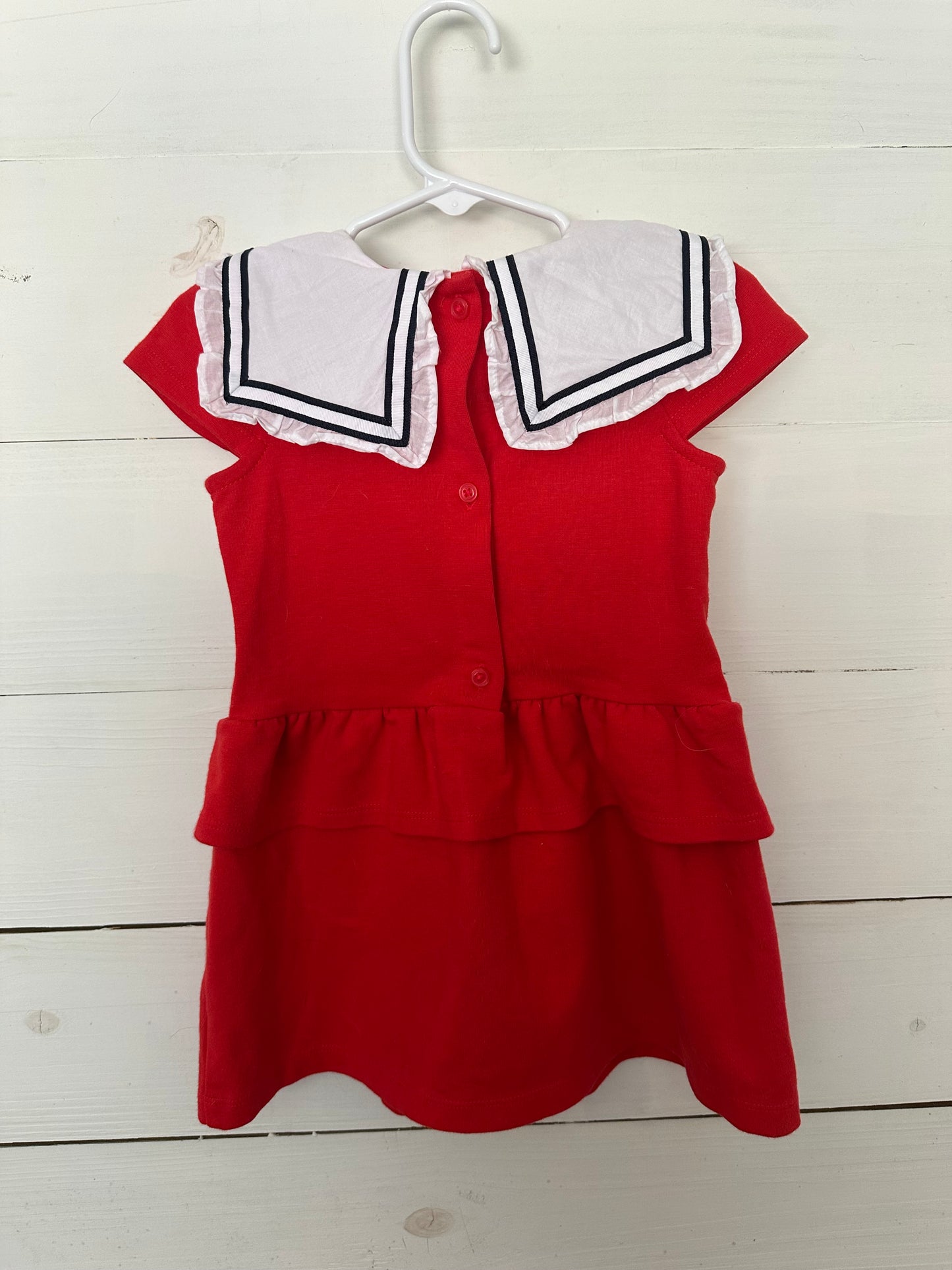 2T - Janie & Jack Red Dress with White & Navy Sailor Collar Detail and small ruffle around waist