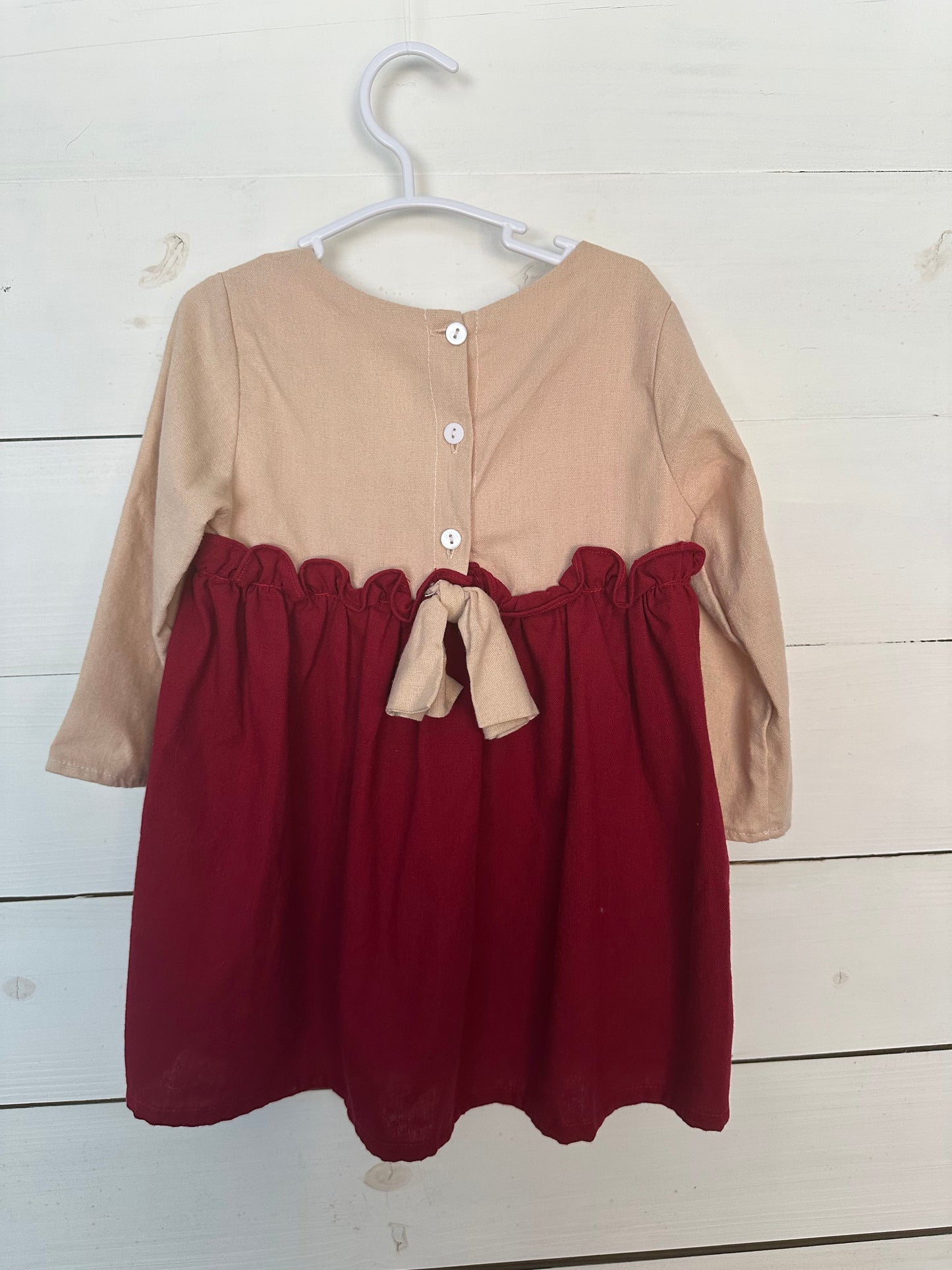 2T - Smock The Flock - Hand Embroidered Maroon, Taupe, and Green Color Blocked Dress with C Personalization