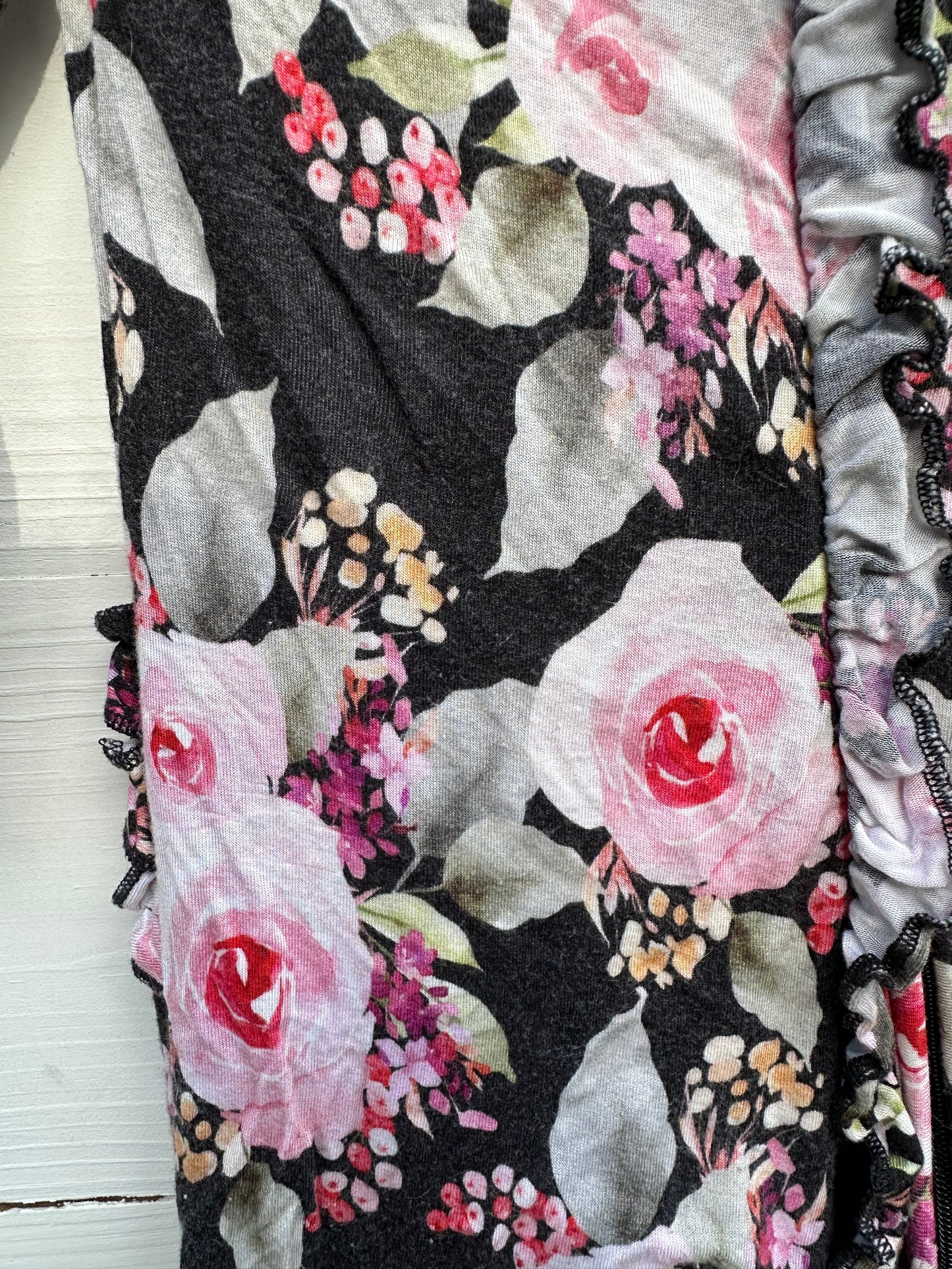 6/9m - Posh Peanut Black and Pinks Floral Jammies - Grippy Feet, Double Zipper, and Ruffle Butt
