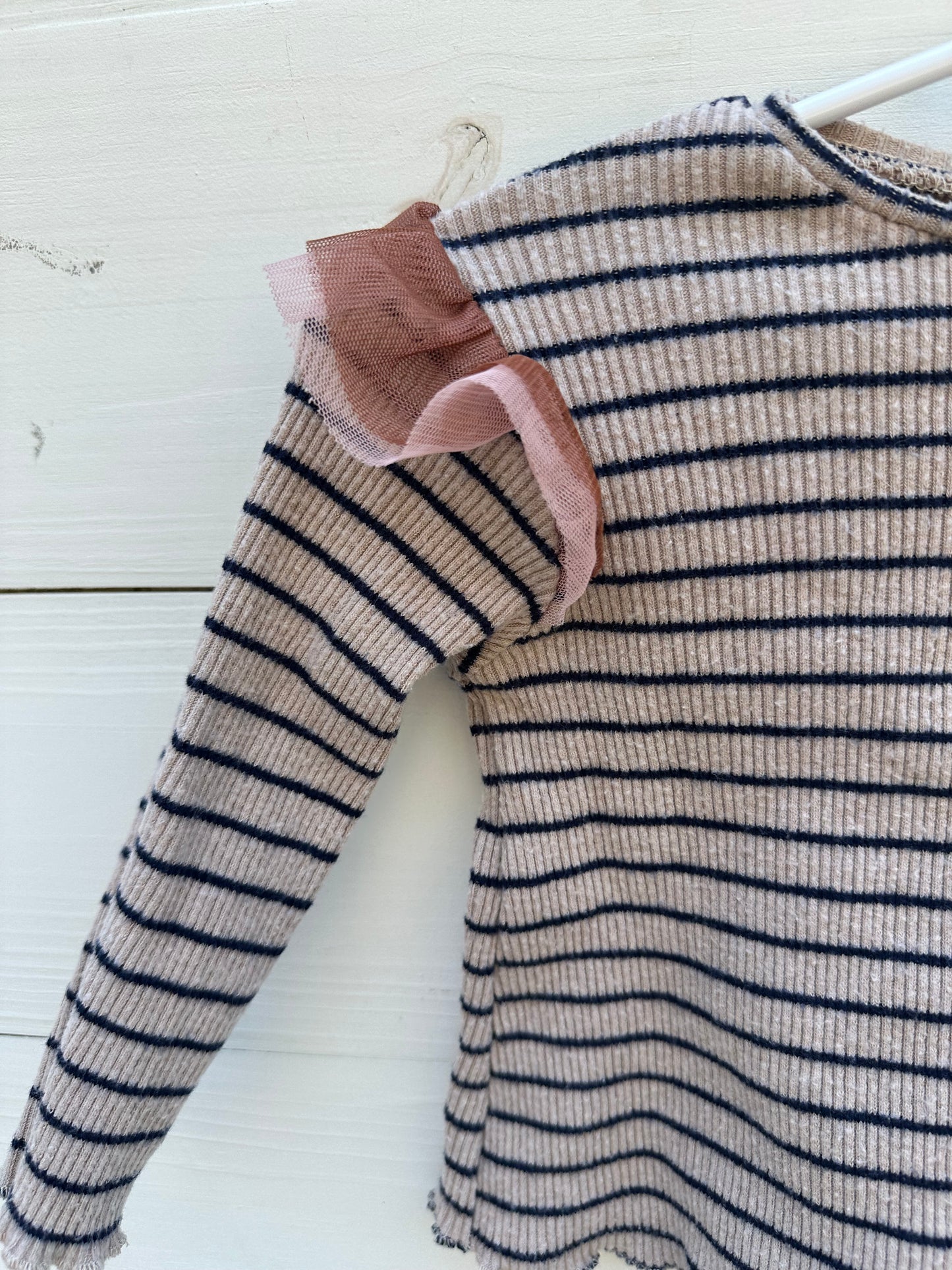 9/12M - Taupe and Navy Striped Shirt with Tule Shoulders - Zara