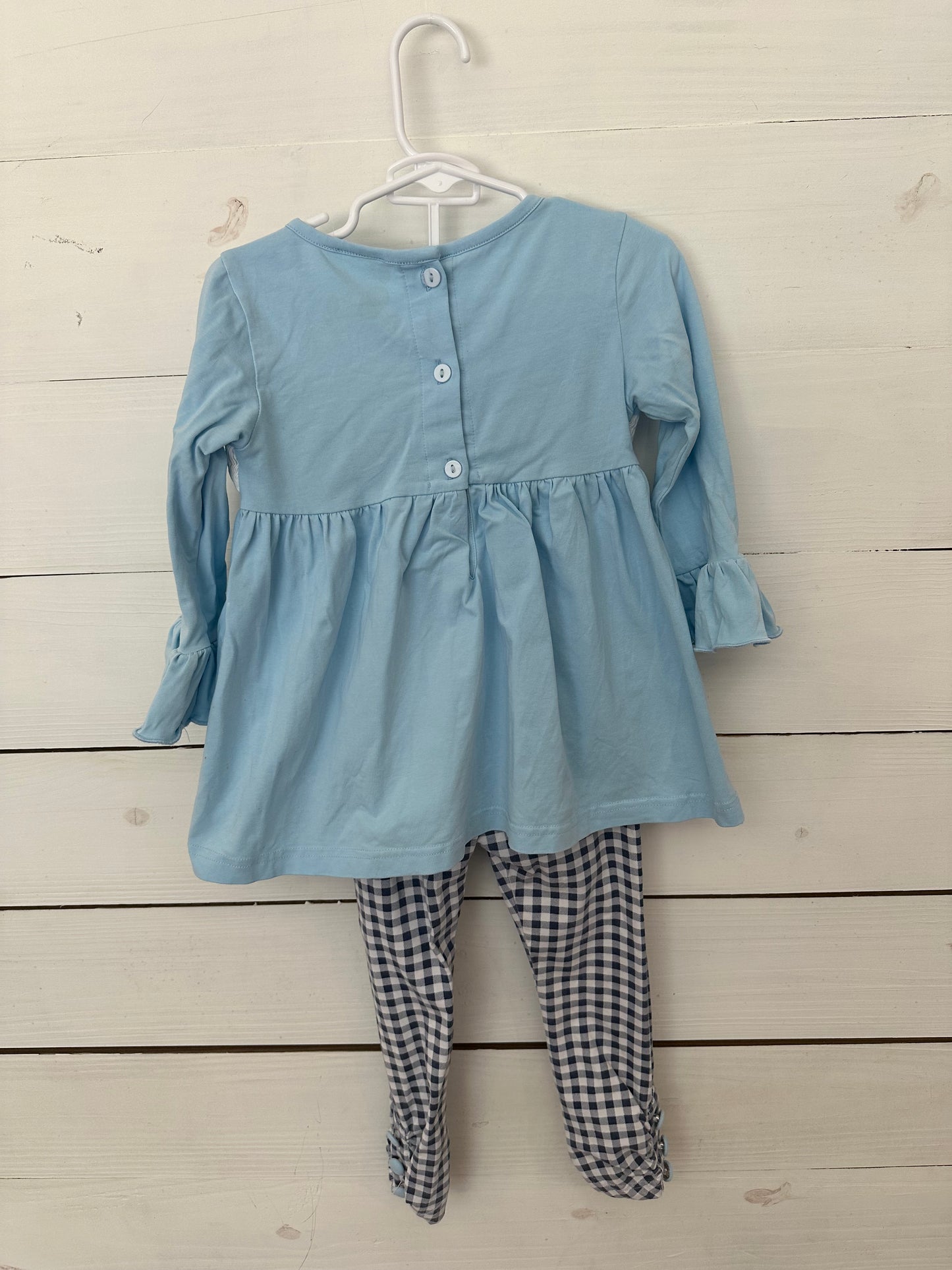 MK Clothing Designs - Smocked Toy Story Baby Blue Top with ruffle sleeves - matching gingham pants