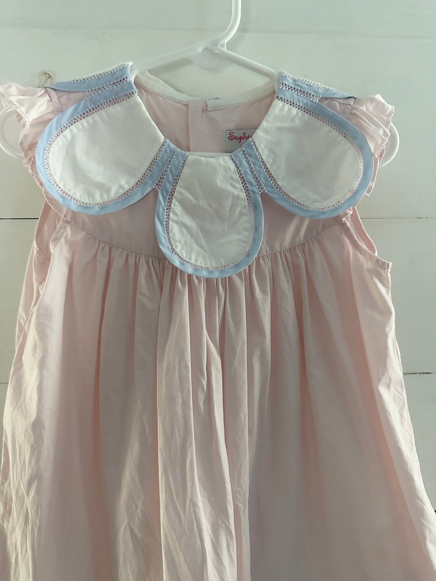 Sophie & Lucas Pink & White with Blue Trim Petal Collar Dress