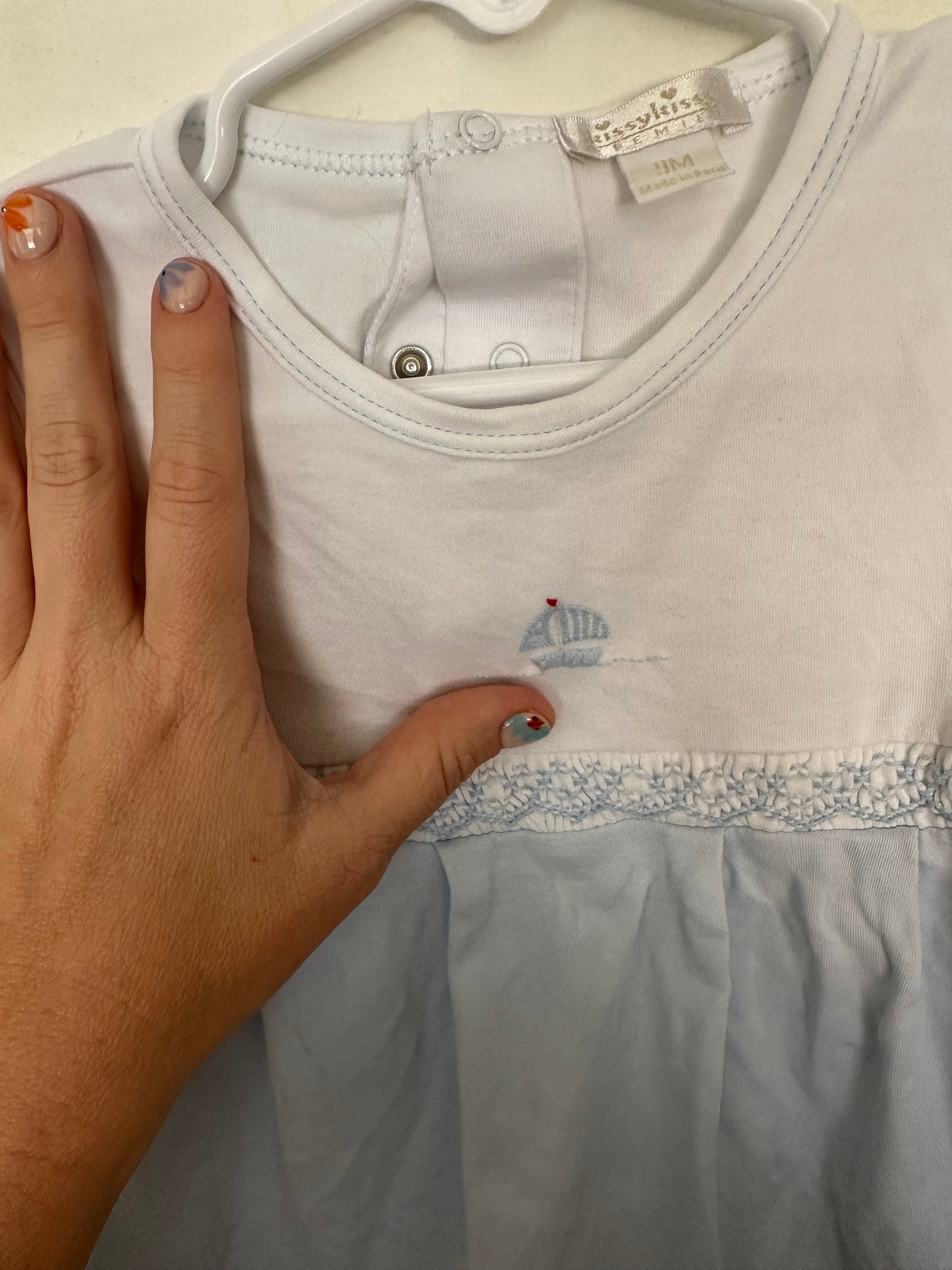 Kissy Kissy: Boys  romper with smocked waist and stitched sailboat