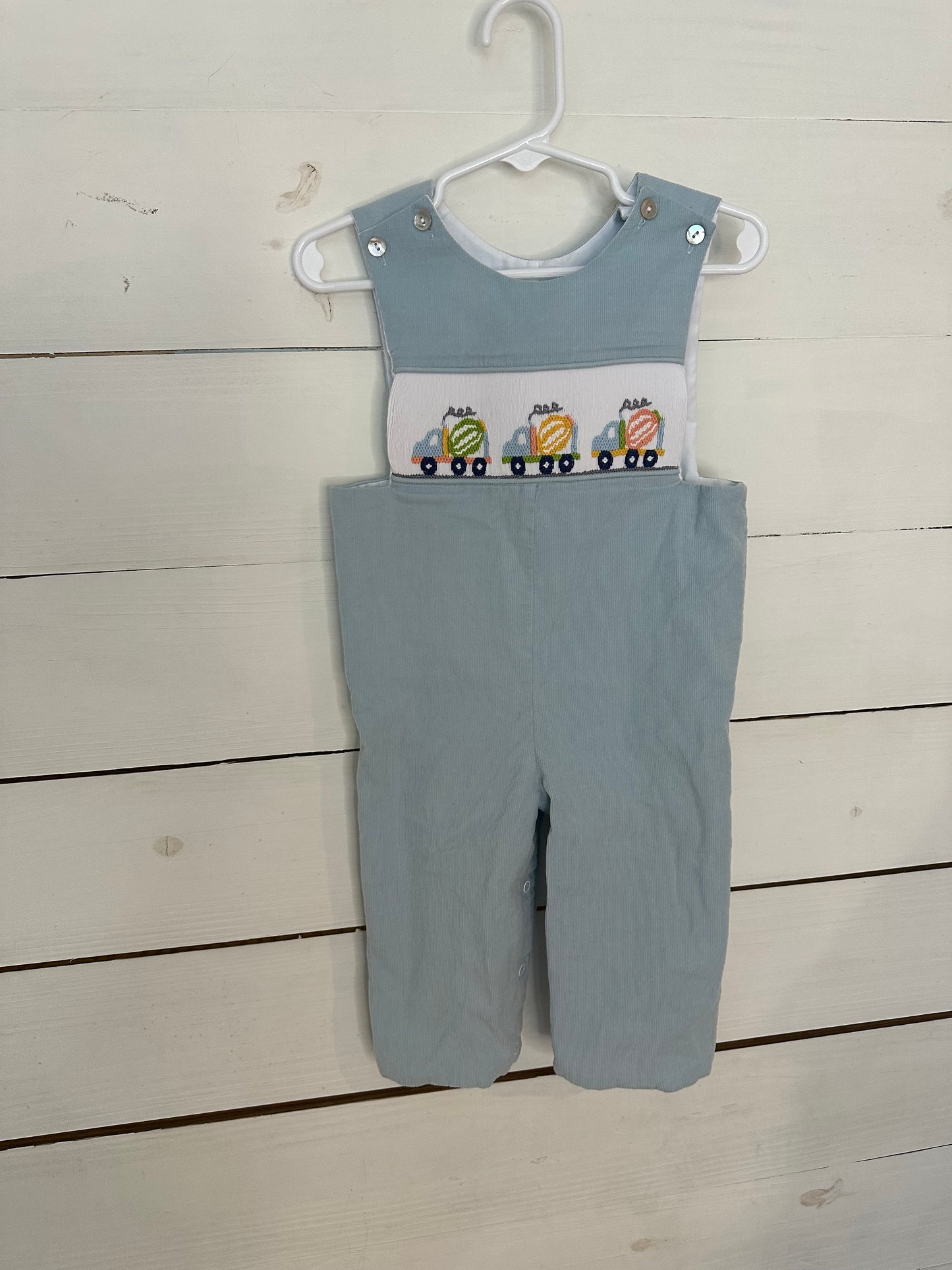 12M - Shrimp & Grits Overalls with Smocked Construction Trucks