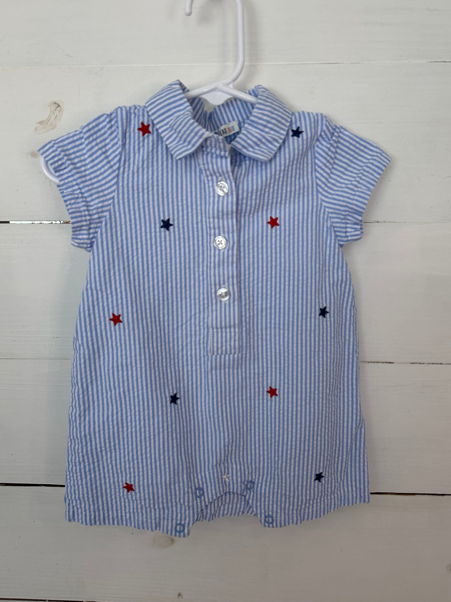 9M - Adventure Wear - Blue Seer Sucker Romper with Embroidered Stars