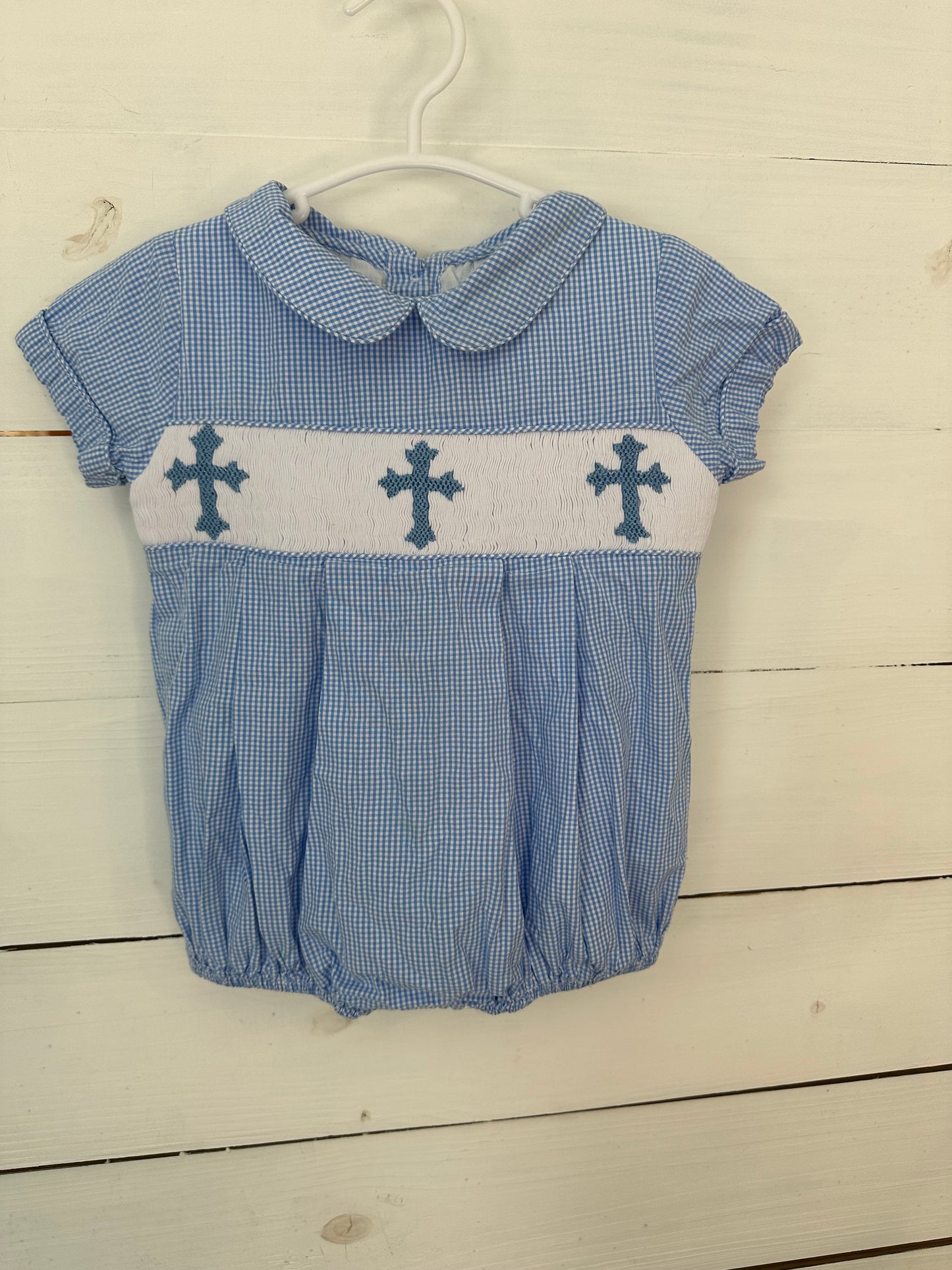 18M - Cecil & Lou Blue Gingham Bubble with Smocked Crosses