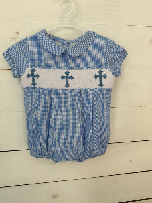 18M - Cecil & Lou Blue Gingham Bubble with Smocked Crosses