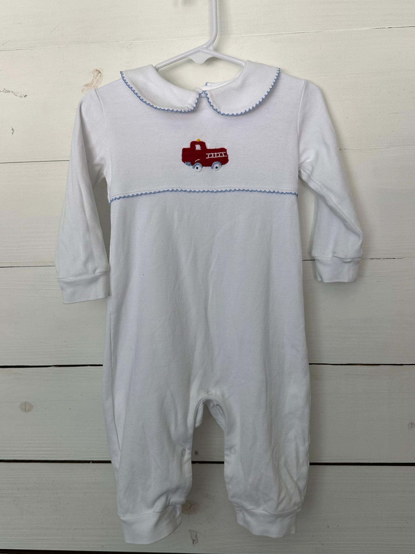 Little English: Long sleeve white romper with fire truck