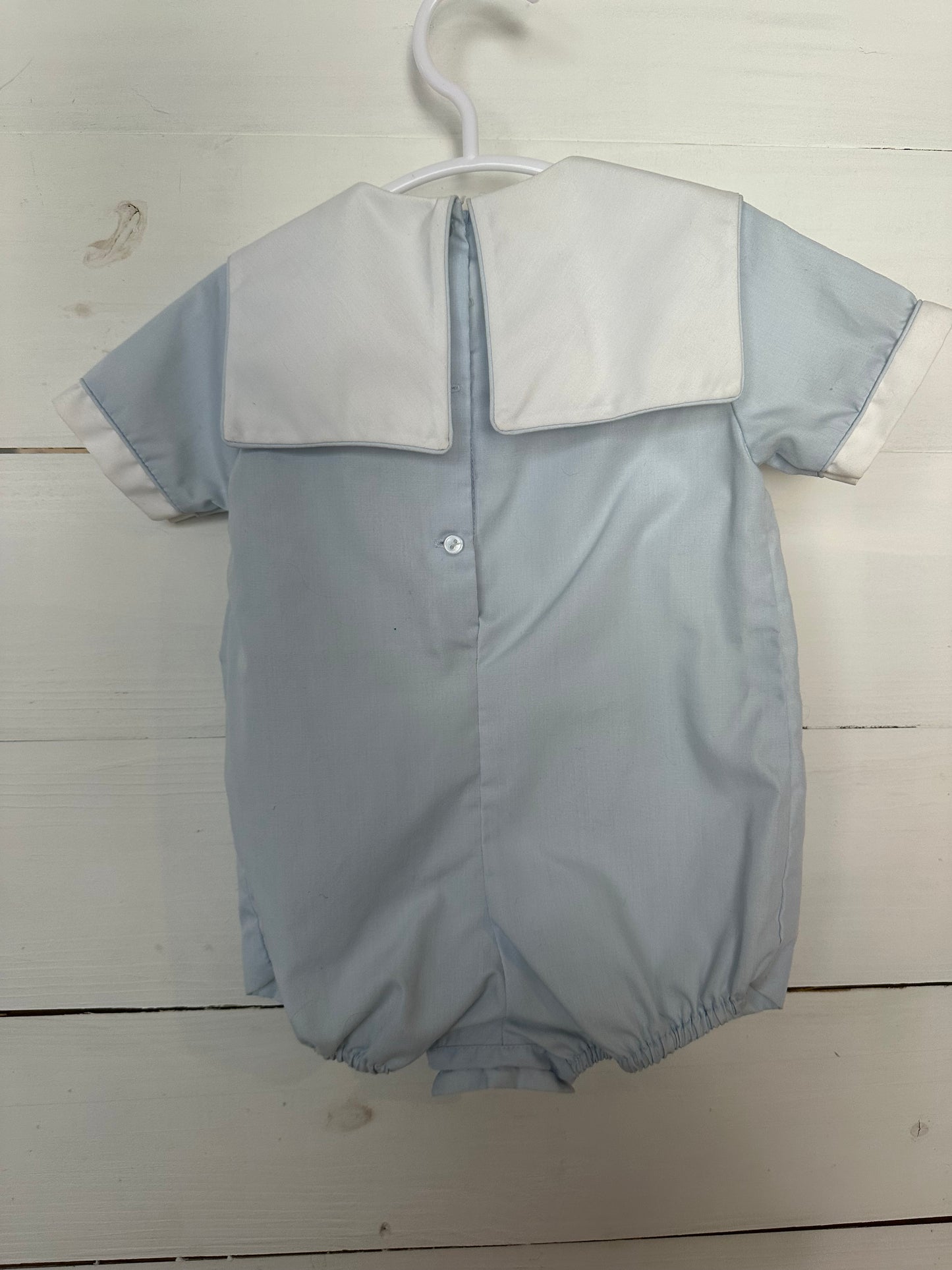 6M- Petit Ami Baby Blue Heirloom Romper with Embroidered Animals