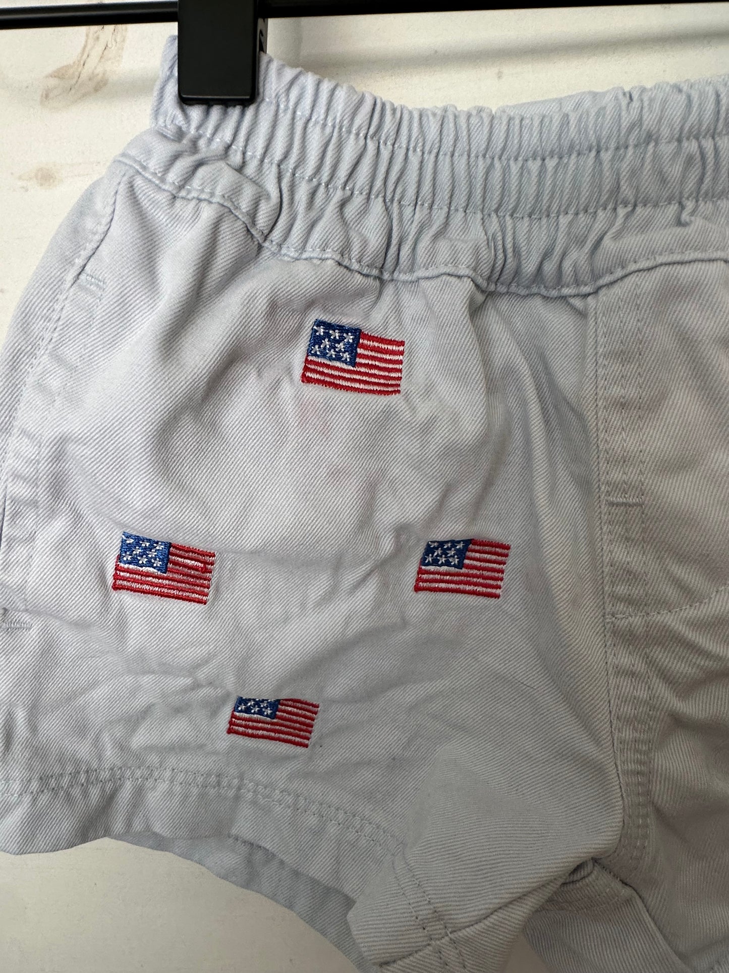 TBBC: Light blue pull on shorts with embroidered American Flags