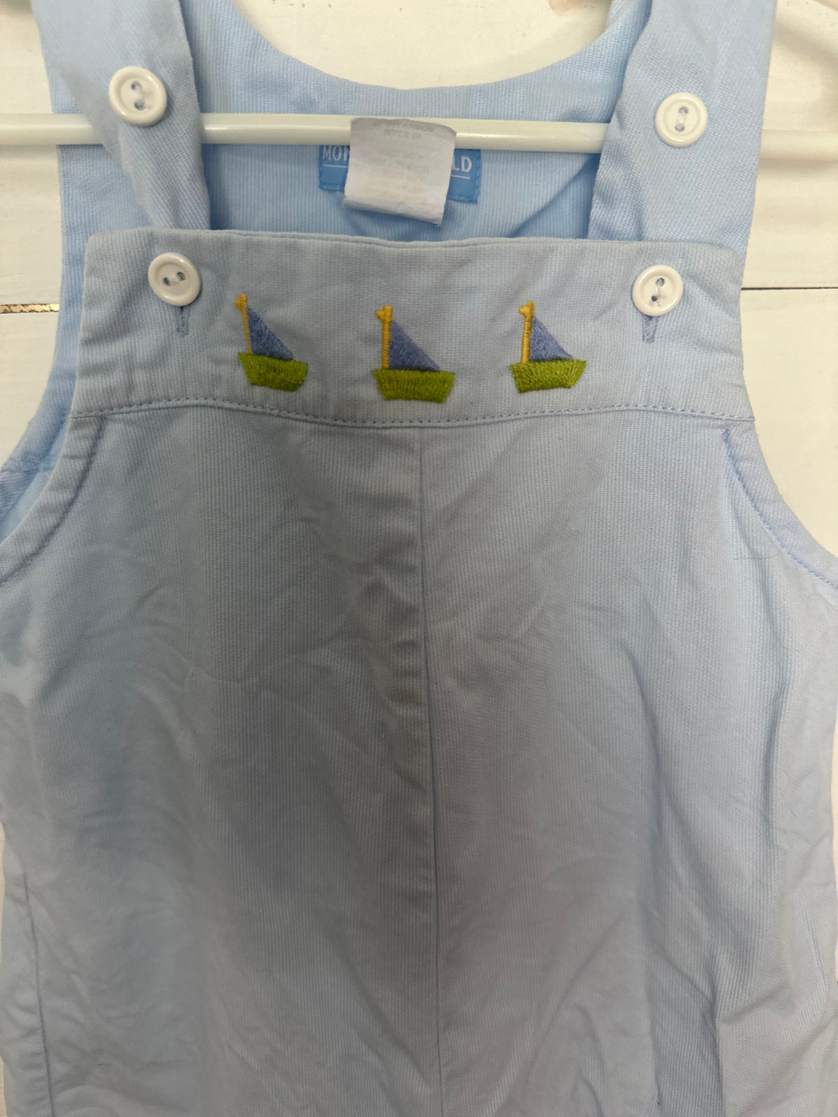 24M - Monday's Child Blue Overalls with Embroidered Sailboats