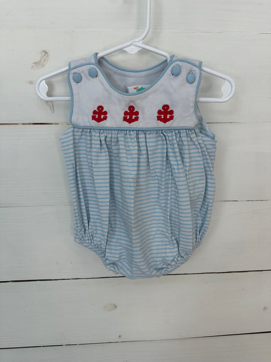 6M - Shrimp & Grits Blue Striped Bubble with Red Anchors