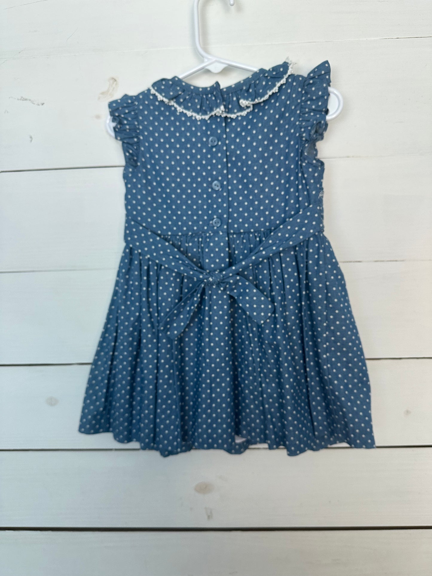 2T Bonnie Jean Chambray Polka Dot Smocked Dress with flutter sleeves
