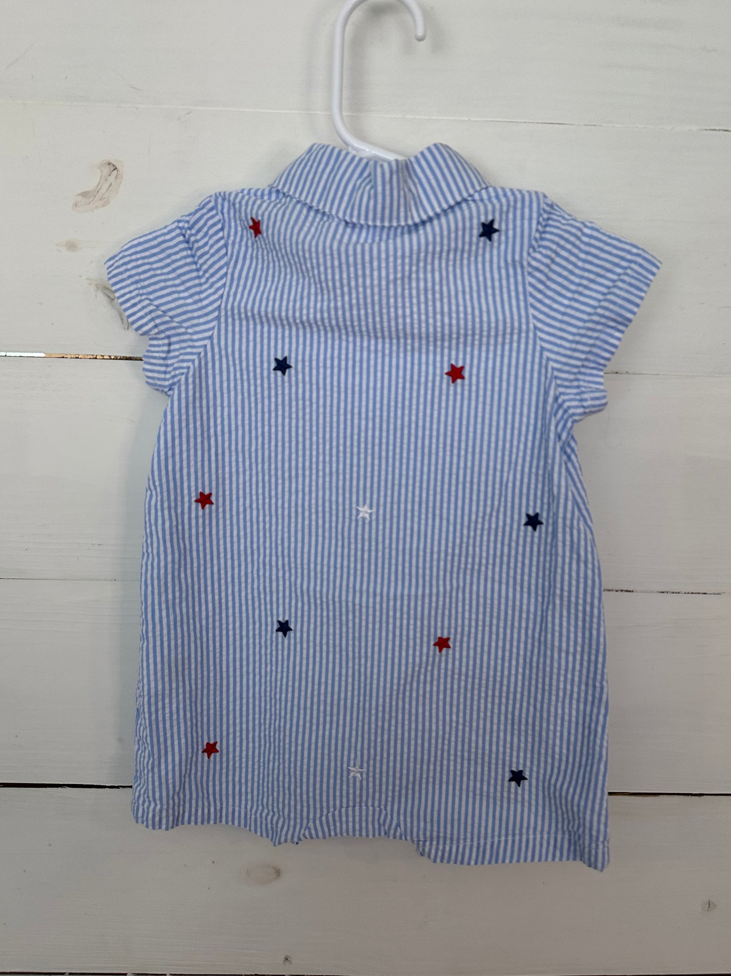 9M - Adventure Wear - Blue Seer Sucker Romper with Embroidered Stars