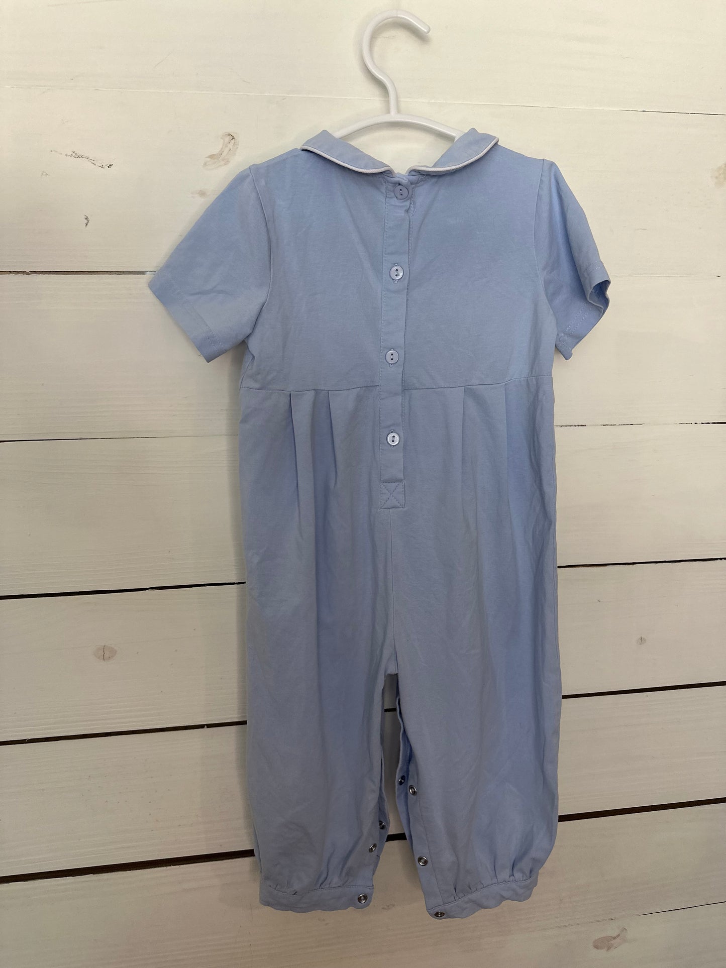 24M - The Smocking Bug Blue Collared Romper with French Knot Manger Scene