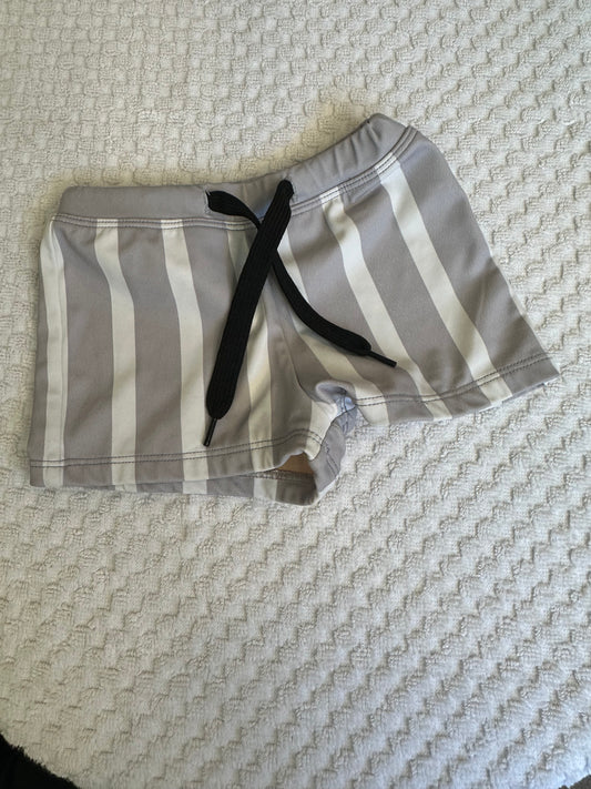 12-18M - Kortni Jeane Grey & White Striped  Swim Trunks - Euro Short Style
