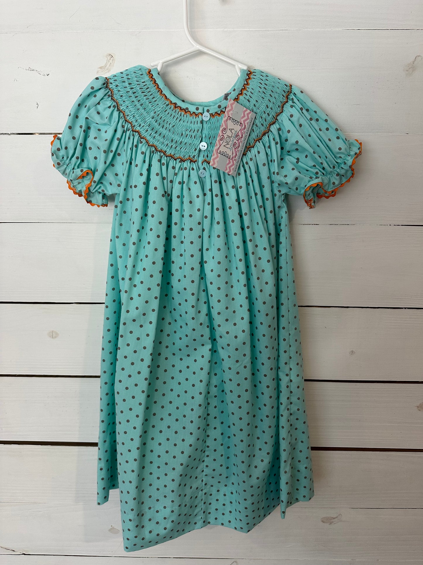 4T- Mint Polka Dot Smocked Pumpkin Bishop Dress - Nola Smocks