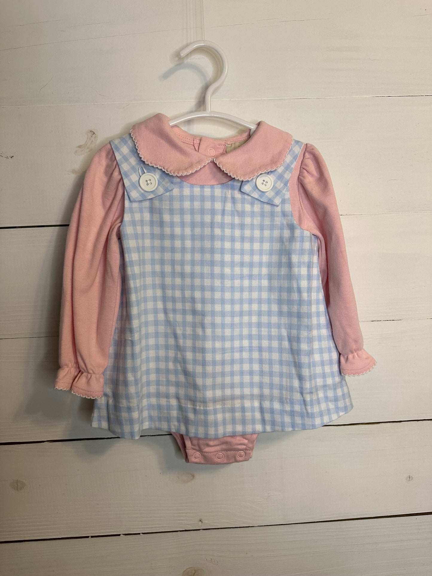 6/12M - TBBC Blue Plaid Jumper NWT with Matching Pink Collared Onesie with Matching Plaid Elbows VGUC