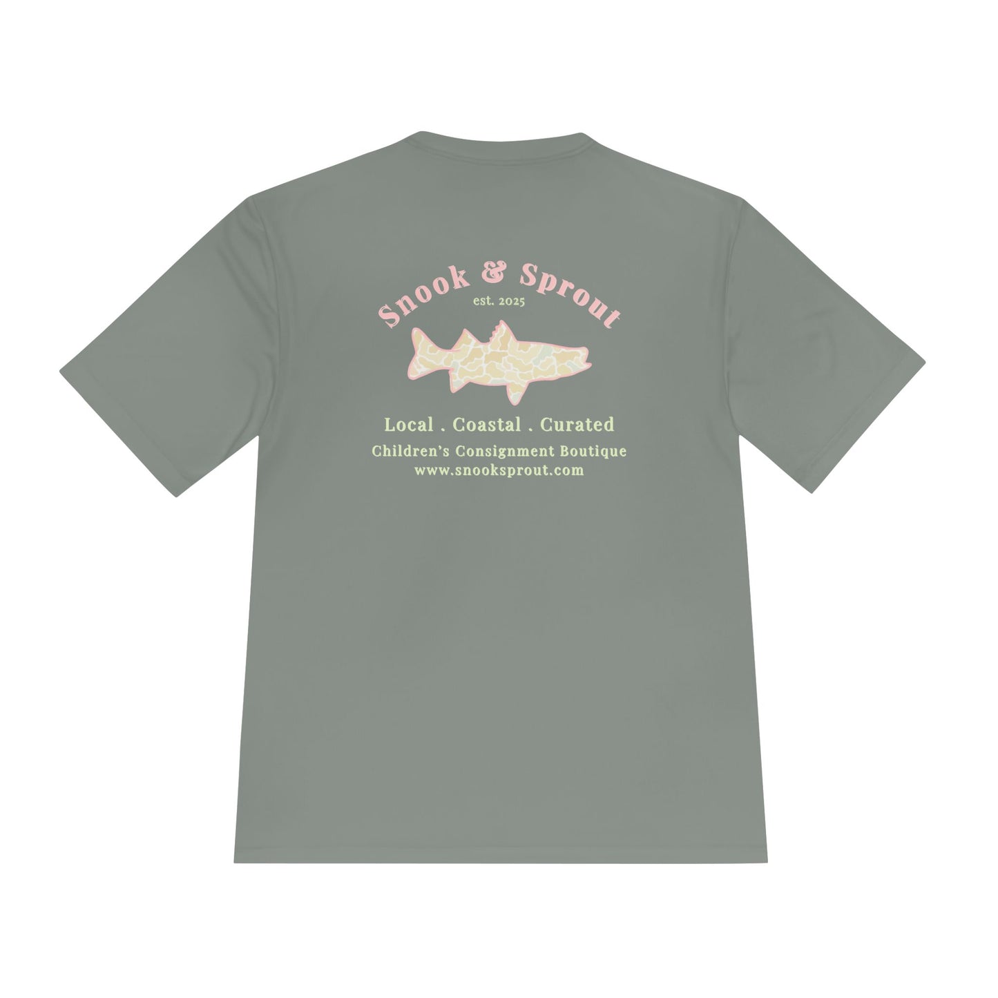Men's Moisture Wicking Tee with Snook & Sprout Children's Consignment Logo - Coastal, Curated, Local
