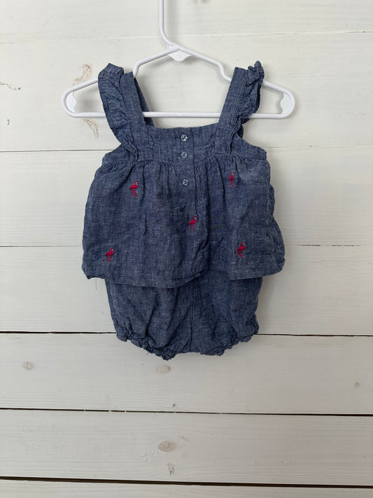 Janie and Jack Denim Bubble with skirt and embroidered flamingos