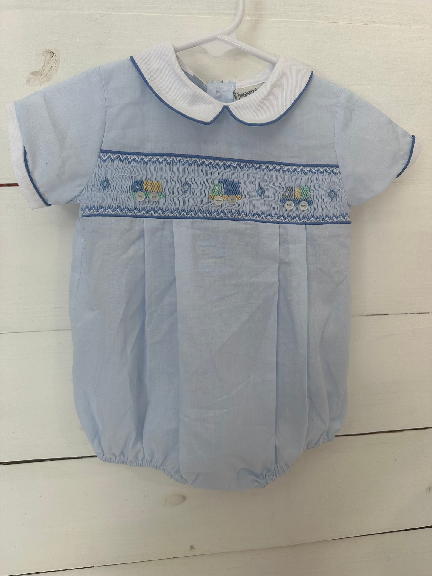 6M - Feltman Brothers Baby Blue Bubble with Smocked Construction Vehicles