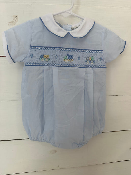 6M - Feltman Brothers Baby Blue Bubble with Smocked Construction Vehicles