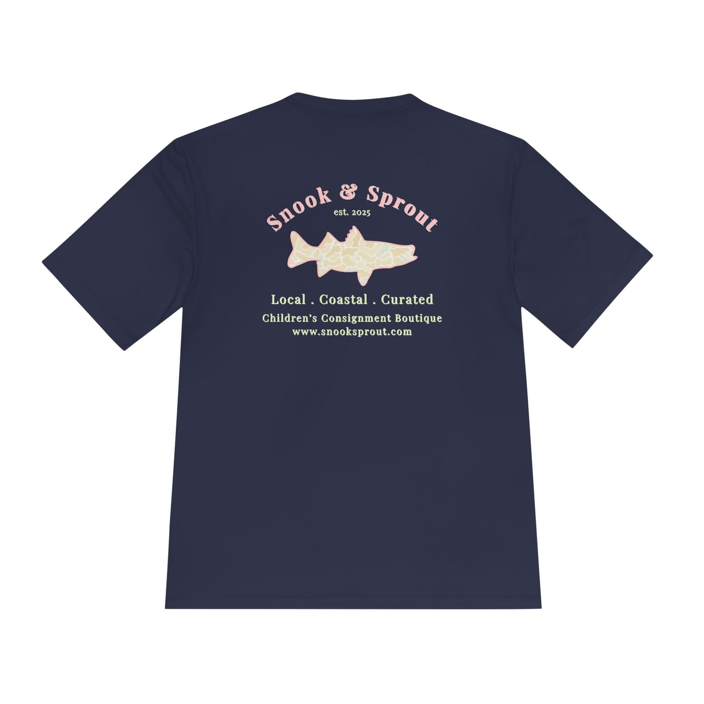 Men's Moisture Wicking Tee with Snook & Sprout Children's Consignment Logo - Coastal, Curated, Local