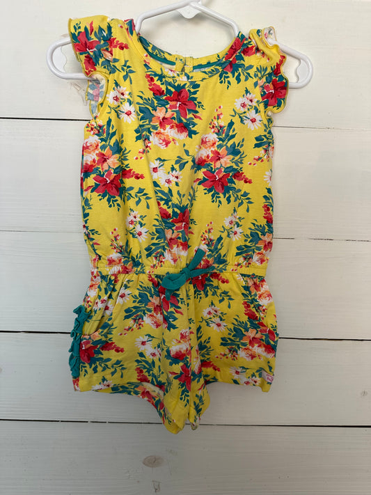 18M - Yellow with Red/Coral Flowers - Romper with Ruffled butt