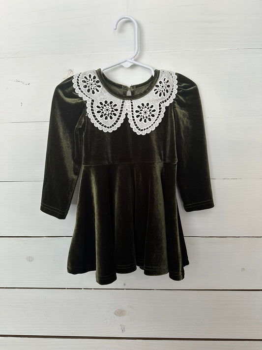 Smocked Sweet Green Velvet Dress with Lace Collar