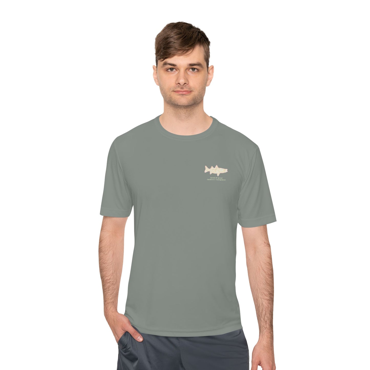 Men's Moisture Wicking Tee with Snook & Sprout Children's Consignment Logo - Coastal, Curated, Local