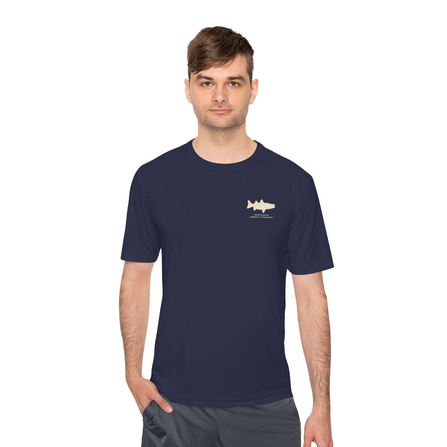 Men's Moisture Wicking Tee with Snook & Sprout Children's Consignment Logo - Coastal, Curated, Local