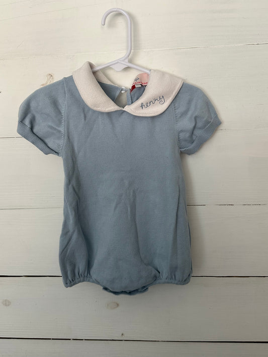 Smockingbird: Knit baby blue bubble with peter pan collar and henry embroidered