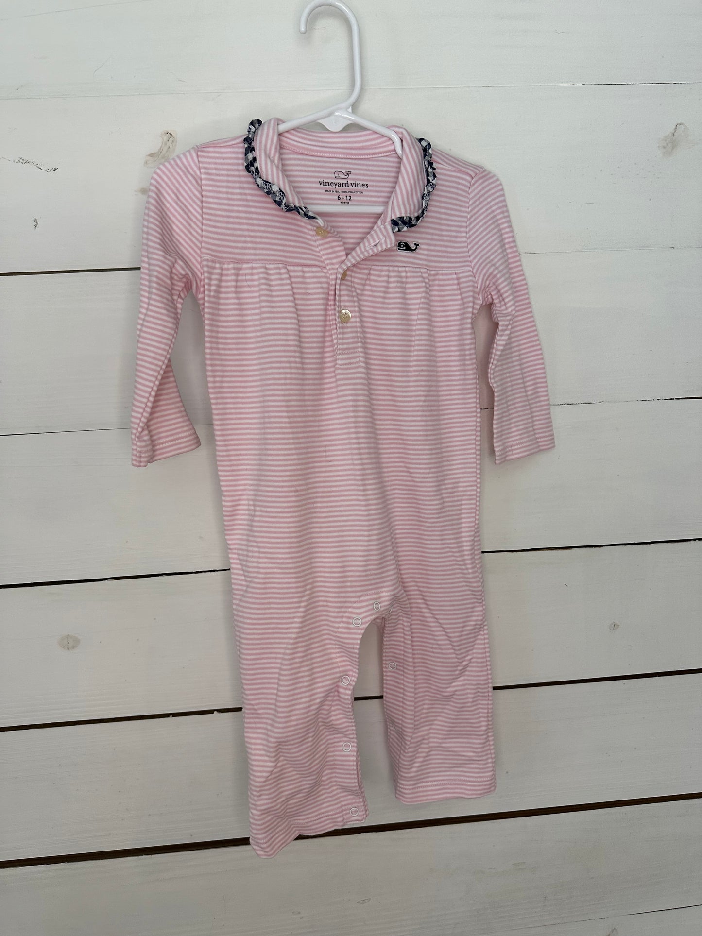 6-12M - Vineyard Vines Pink Striped Romper with Blue Gingham Ruffle Neck