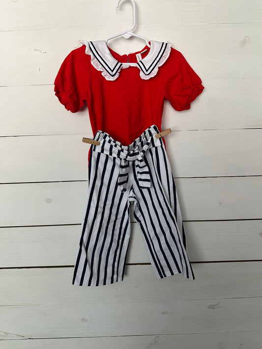 3T - Janie & Jack Red Sailor Collared Shirt and Navy Blue Striped Pants