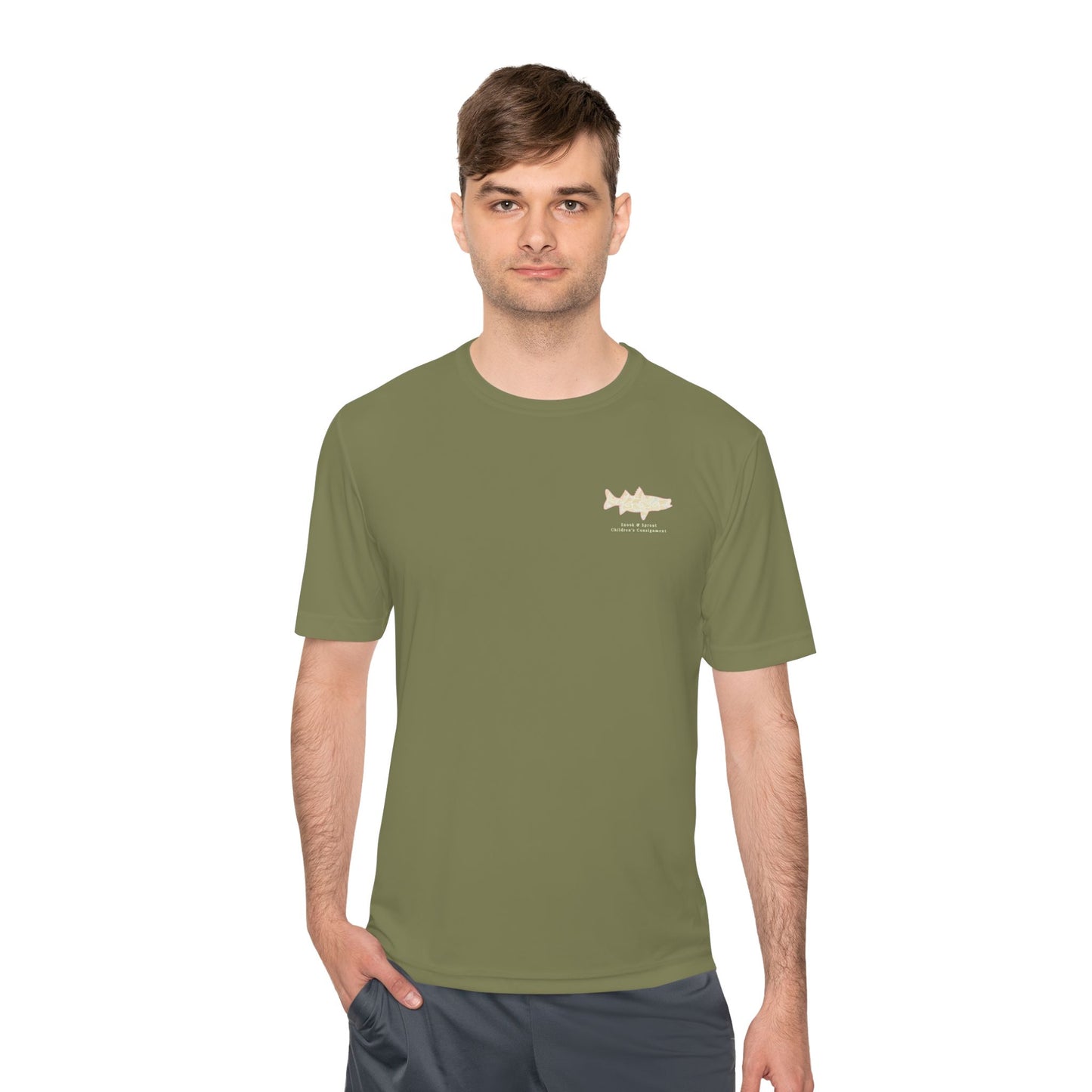 Men's Moisture Wicking Tee with Snook & Sprout Children's Consignment Logo - Coastal, Curated, Local