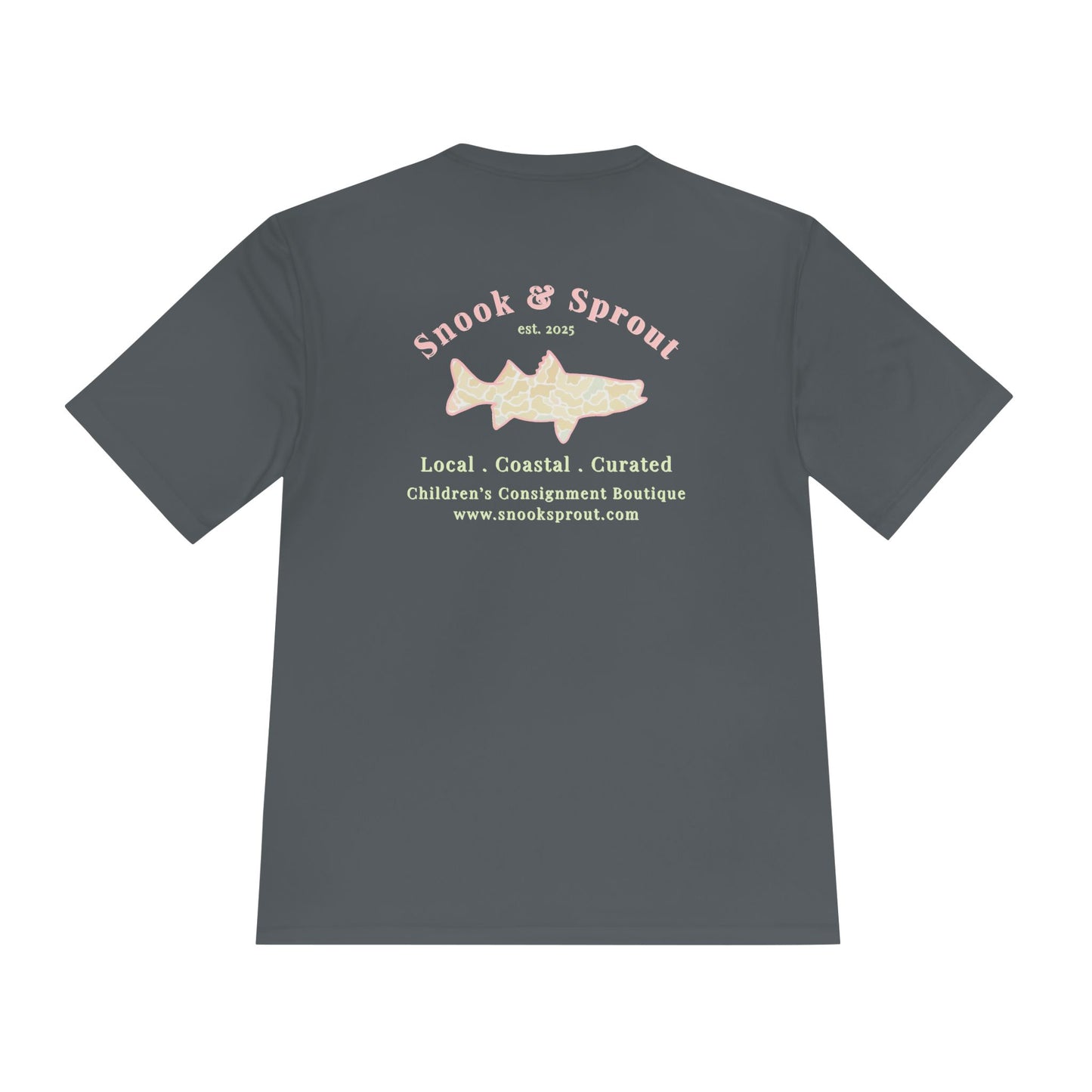 Men's Moisture Wicking Tee with Snook & Sprout Children's Consignment Logo - Coastal, Curated, Local