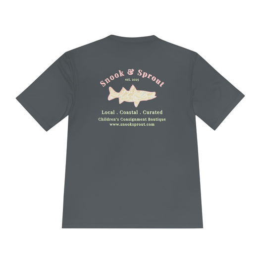 Men's Moisture Wicking Tee with Snook & Sprout Children's Consignment Logo - Coastal, Curated, Local