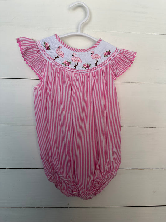 2T - Lil Cactus Pink Stiped Flamingo Bubble - Machine Smocked