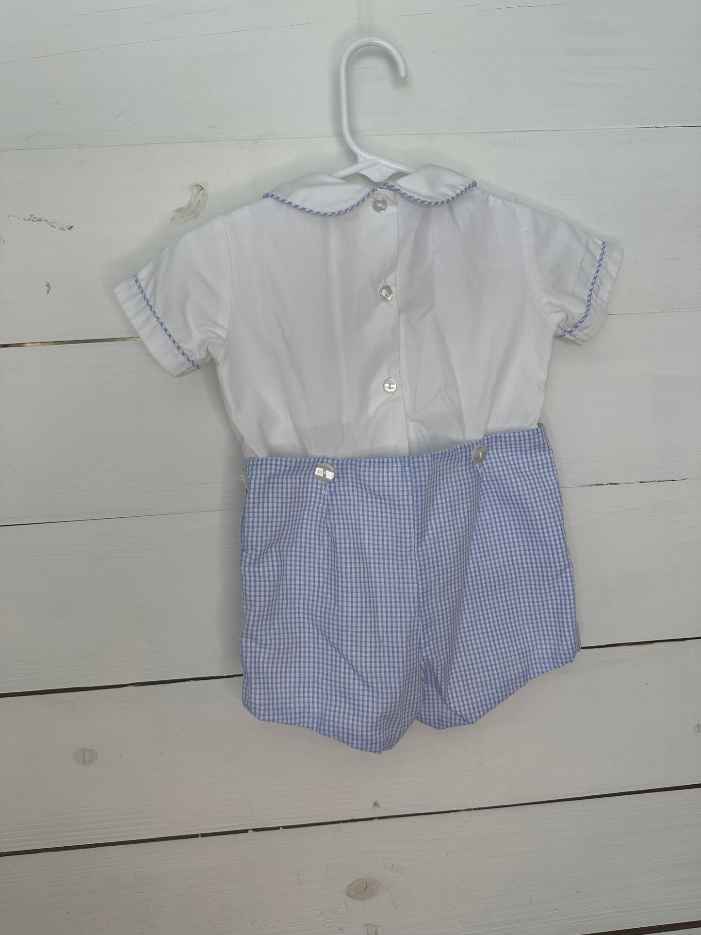 12M - Petit Bebe Smocked Puppies in wagons - 2 Piece Set  - Attaches with buttons