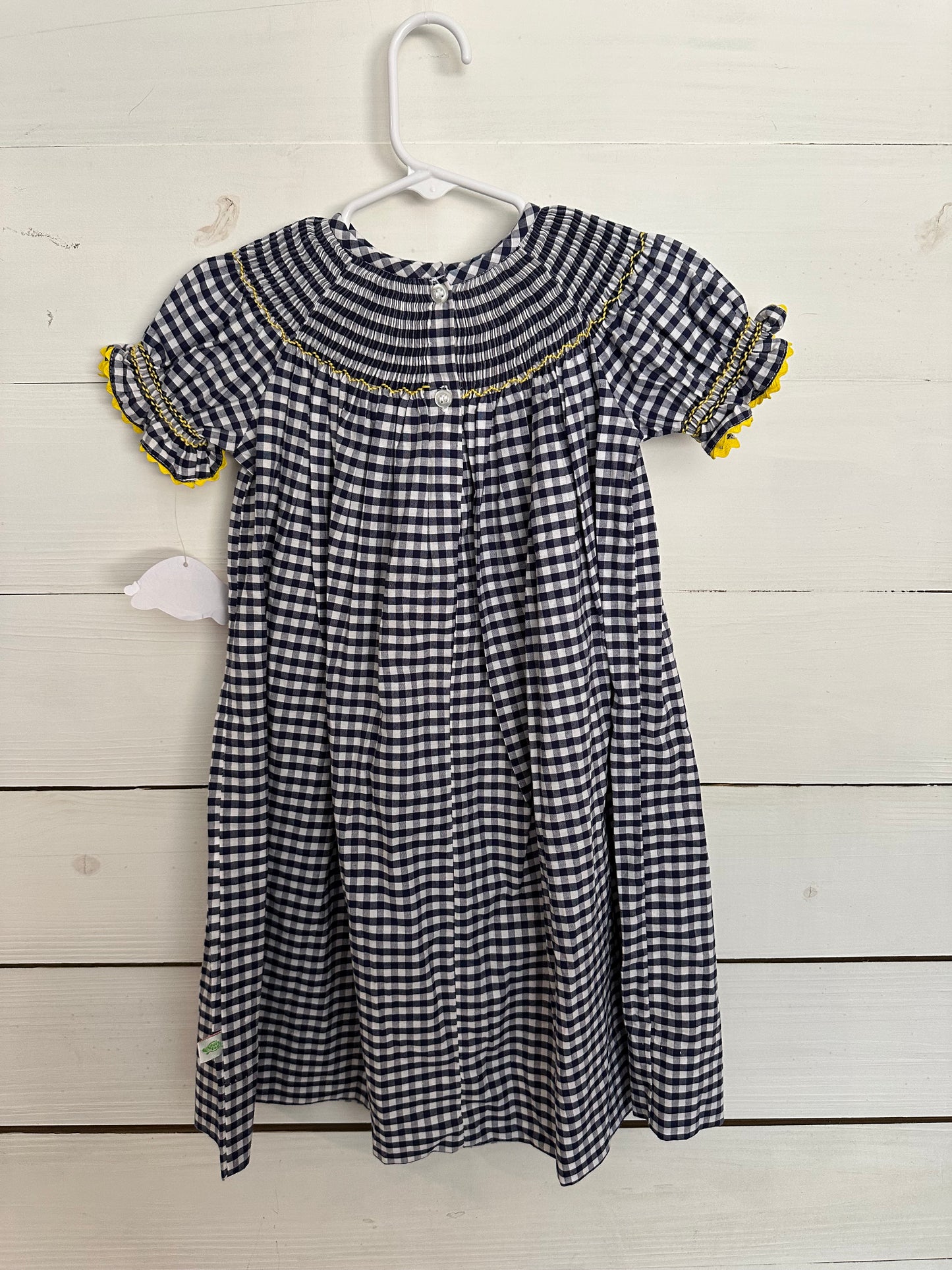 Lolly Wolly Doodle Navy Blue Gingham Bishop Dress with Smocked Sunflowers