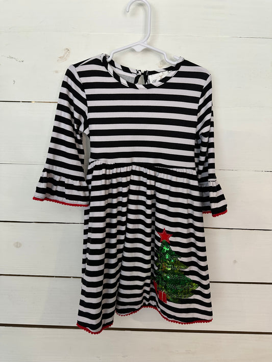 4t - Black and White Striped Christmas Dress - Sequin Christmas Tree