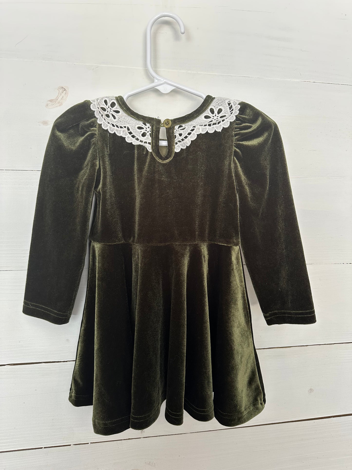 Smocked Sweet Green Velvet Dress with Lace Collar