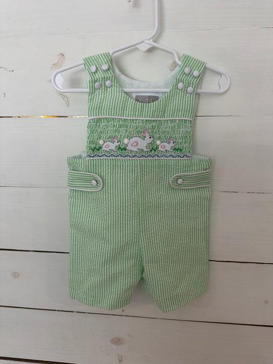 3-6M,6-12M,12-18,& 2T Lil Cactus Green Seer Sucker Boys Machine Smocked Easter Bunny Jon Jons - New with tags