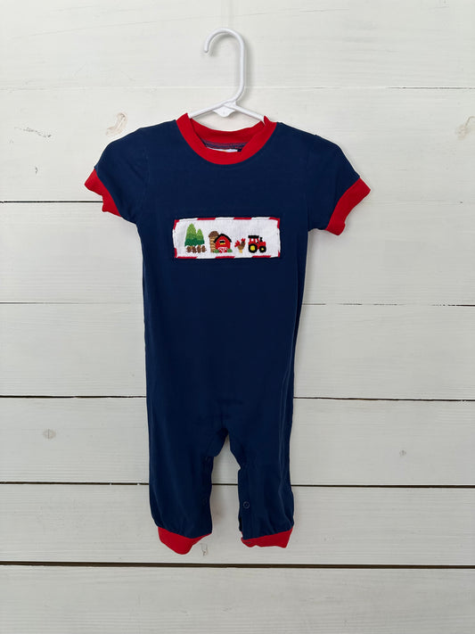 9M- Navy Blue Farm Animal Smocked Romper - Busy Bee Smocks