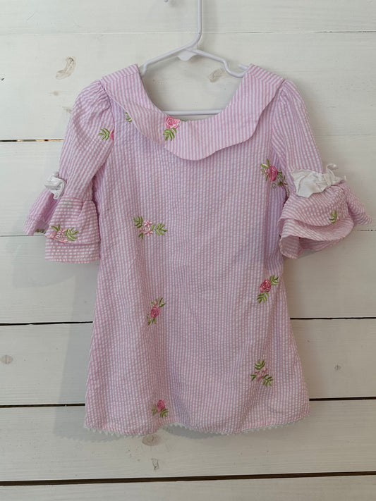 3T - Rare Editions Pink Seer Sucker Dress with Rose Embroidery