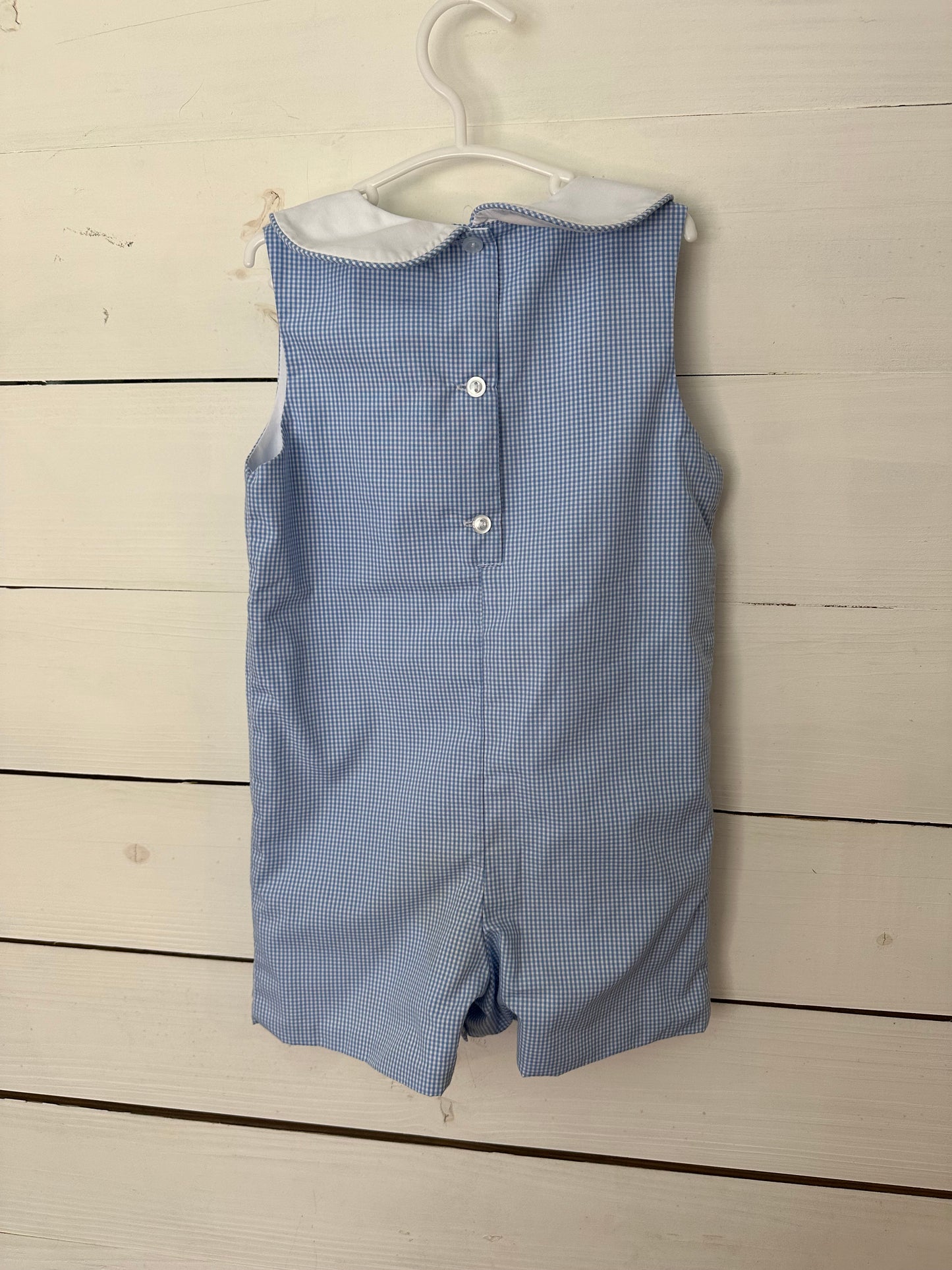 2T - Stitchy Fish Peter Pan Collared Blue Gingham Jon Jon with French Knot Sea Shells