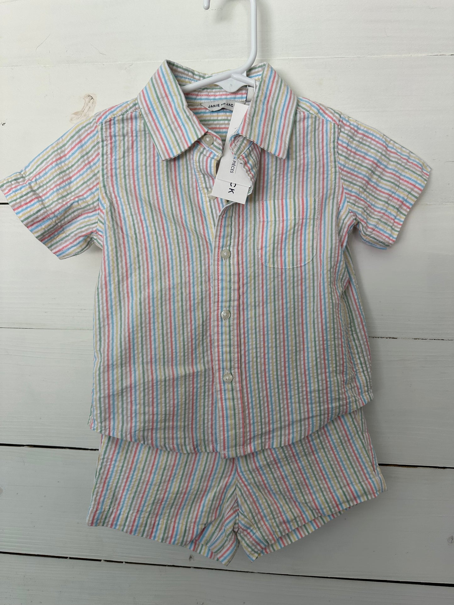 12/18m Janie & Jack - Seer sucker summer pastel striped 2 piece short set - button up collared shirt