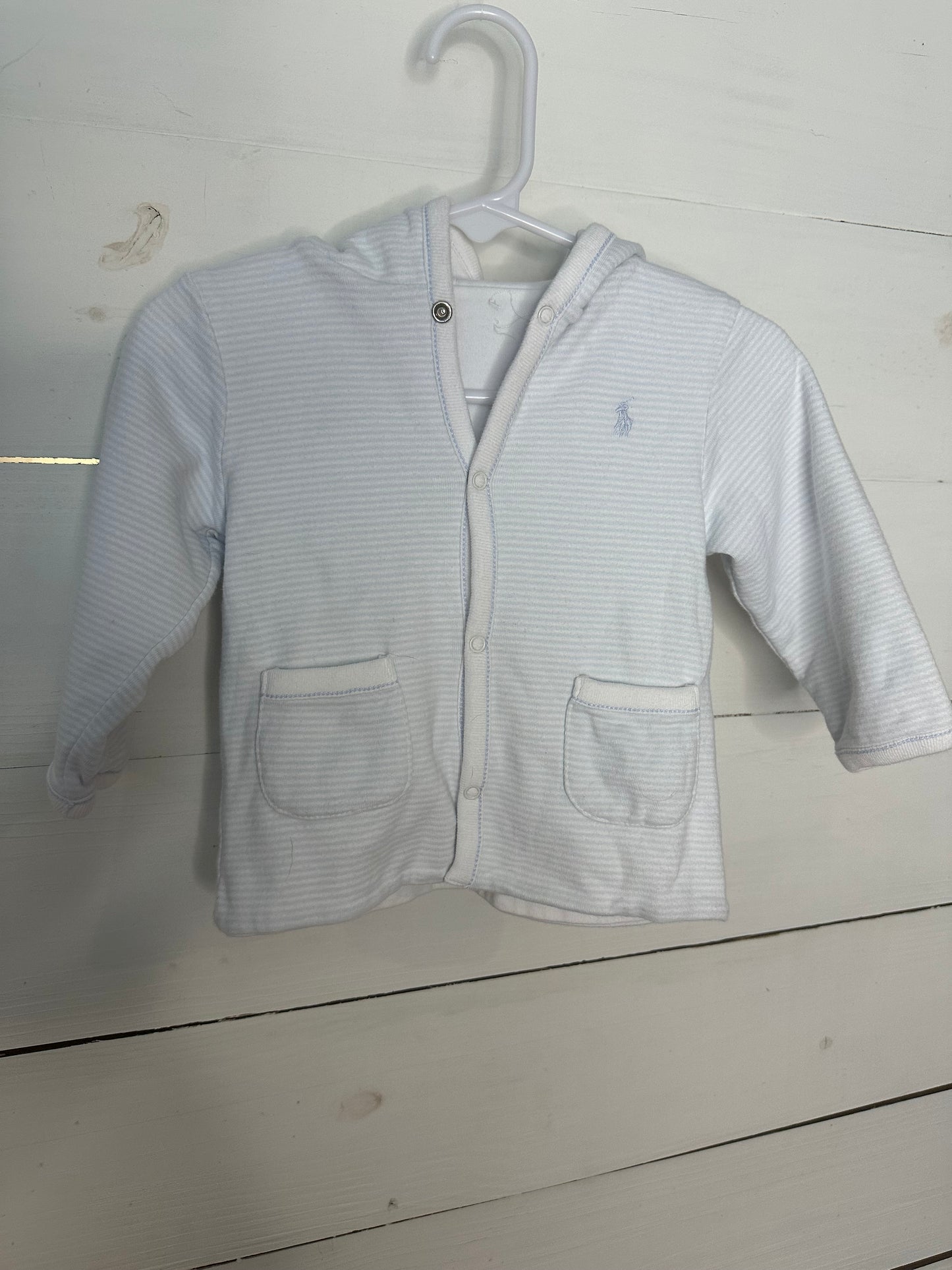 6/9M (Estimated) - Polo baby blue striped button up jacket - reversible (white) - No tag from being reversible